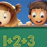 Dwoje dzieci zaglądających nad tablicą z kolorowym równaniem matematycznym 1+2+3
