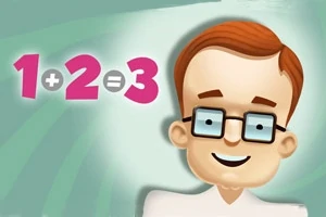 Mężczyzna z rudo-brązowymi włosami i okularami na tle równania matematycznego 1+2=3 w kolorze różowym na zielonym tle