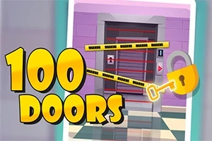 Kolorowy obrazek z napisem 100 Doors, przedstawiający zablokowane drzwi z taśmą ostrzegawczą oraz dużym kluczem i zamkiem