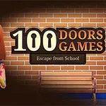 Dziewczynka z rudymi włosami w ubraniach w gwiazdki stoi na tle ceglanej ściany z ławką i tytułem 100 Doors Games po prawej stronie