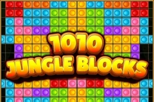 Kolorowe bloki ułożone w kwadraty z dużym napisem 1010 Jungle Blocks na środku