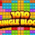 Kolorowe bloki ułożone w kwadraty z dużym napisem 1010 Jungle Blocks na środku