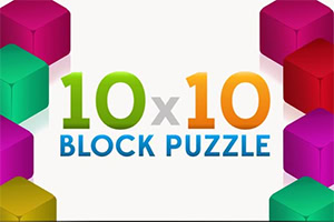 Kolorowe trójwymiarowe klocki wokół napisu „10x10 BLOCK PUZZLE na jasnym tle