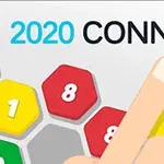 Palec wskazujący dotykający kolorowych heksagonalnych płytek z numerami, z napisem 2020 CONNECT u góry