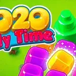 Kolorowy napis 2020 Jelly Time na zielonym tle z drzewami i kolorowymi klockami