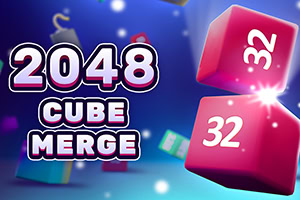 Kolorowy baner z napisem „2048 CUBE MERGE oraz dwoma różowymi sześcianami z liczbą 32 na niebieskim, abstrakcyjnym tle