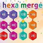 Kolorowe sześciokątne kafelki z liczbami, napisy 2048 hexa merge i konfetti na jasnym tle