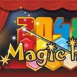 Kolorowe cyfry i litery na tle sceny zasłoniętej czerwonymi kurtynami z magiczną różdżką i iskrzącymi efektami