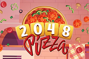 Kolorowa grafika z pizzą, dużym napisem „2048 i czerwonym logo „Pizza na różowym tle