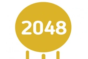 Żółte koło z białym napisem 2048 na białym tle