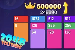 Kolorowe karty z numerami, takie jak 16, 8 i 1024, oraz złota korona z wynikiem 500000 na ciemnym tle z napisem 2048 Solitaire