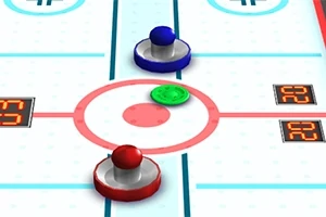 Stół do gry air hockey z niebieskim i czerwonym krążkiem oraz zielonym dyskiem na środku