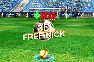 Graficzna ilustracja rzutu wolnego na boisku piłkarskim z napisem 3D Free Kick i piłką przed murem złożonym z zawodników w czerwonych strojach