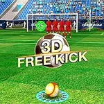 Graficzna ilustracja rzutu wolnego na boisku piłkarskim z napisem 3D Free Kick i piłką przed murem złożonym z zawodników w czerwonych strojach