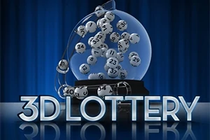 Kula z wirującymi kulkami numerowanymi oraz napis 3D Lottery na niebieskim tle