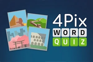 Cztery ilustracje znanych światowych obiektów na niebieskim tle obok napisu 4Pix Word Quiz