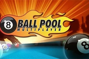 8 Ball Pool Multiplayer Logo z napisem 8 Ball Pool Multiplayer na tle pomarańczowych płomieni i bilardowych bil z liczbą osiem