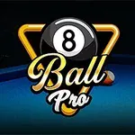 Czarna bila z numerem osiem na stole bilardowym z kolorowymi bilami i napisem Ball Pro