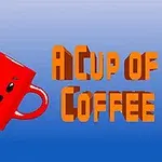 Czerwona filiżanka z uśmiechniętą twarzą i tęczowym strumieniem na tle niebieskiego gradientu obok napisu A Cup of Coffee