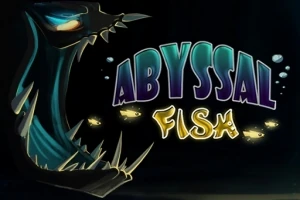 Ciemne, podwodne stworzenie z ostrymi zębami po lewej, z napisem Abyssal Fish na środku, otoczone małymi świetlikami