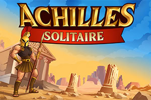 Starożytny grecki wojownik z włócznią stoi przed świątynią na pustynnym tle z ruinami, pod złotym napisem „Achilles Solitaire