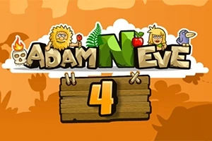Napis „Adam and Eve 4” z rysunkowymi postaciami i elementami przyrody na pomarańczowym tle
