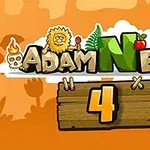 Napis „Adam and Eve 4” z rysunkowymi postaciami i elementami przyrody na pomarańczowym tle