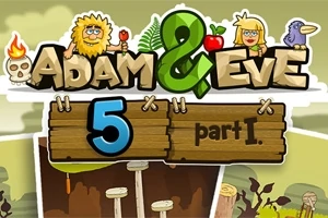 Napisy Adam & Eve 5 Part I z rysunkowymi postaciami jaskiniowców i ptakiem na tle przyrody