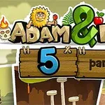 Napisy Adam & Eve 5 Part I z rysunkowymi postaciami jaskiniowców i ptakiem na tle przyrody