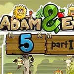 Ilustracja przedstawia kolorowy rysunkowy napis Adam & Eve 5 part II z postaciami prehistorycznymi i zwierzętami na tle zielonego krajobrazu