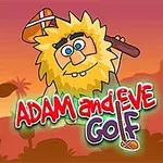 Postać z dzikimi blond włosami i uśmiechem trzyma drewniany kij, na tle zachodu słońca z czerwonym napisem ADAM and EVE GOLF