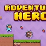Postać w niebieskim kombinezonie skacząca po platformach z owocami i pułapkami na fioletowym tle z napisem ADVENTURE HERO