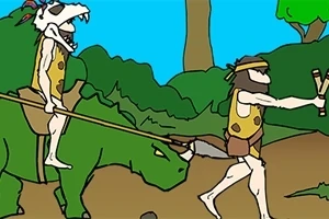Dwaj jaskiniowcy, jeden niosący procę, a drugi jadący na zielonym dinozaurze, na tle lasu