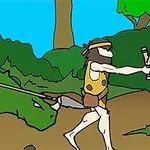 Dwaj jaskiniowcy, jeden niosący procę, a drugi jadący na zielonym dinozaurze, na tle lasu