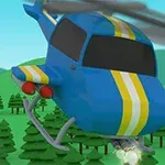 Niebieski helikopter z żółtymi pasami leci nad lasem z drzewami w tle