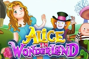 Postacie dziewczynki w niebieskiej sukience, mężczyzny w cylindrze i bajkowego krajobrazu w tle z napisem Alice in Wonderland