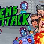 Zielone litery Aliens Attack na tle z animowanymi kosmitami w hełmach i grupą przerażonych ludzi, z eksplozją po prawej stronie