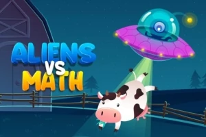 Statek kosmiczny unoszący krowę na tle nocnego krajobrazu z napisem Aliens vs Math