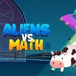 Statek kosmiczny unoszący krowę na tle nocnego krajobrazu z napisem Aliens vs Math