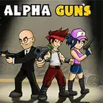 Trzy postacie z bronią, w tym mężczyzna w garniturze, mężczyzna z opaską na głowie i kobieta w czapce, stoją obok siebie na tle napisu Alpha Guns