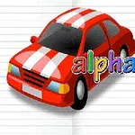 Czerwony samochód z białymi paskami i kolorowym napisem alphabet for child na tle kartki w linie