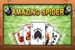 Kolorowa grafika z kartami do gry ułożonymi wachlarzem, z nadrukowanym asem pik na środku, ozdobiona rysunkami pająków i napisem Amazing Spider