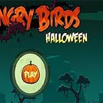 Logo z napisem w stylu Halloween, upiornym motywem i przyciskiem z dynią na tle ciemnego krajobrazu