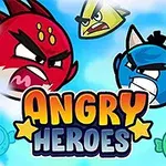 Trzy kolorowe, gniewne postacie w kształcie ptaków z agresywnymi wyrazami twarzy na tle nieba z napisem Angry Heroes poniżej