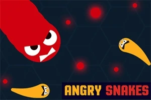Czerwony wąż z gniewnym wyrazem twarzy i dwa małe pomarańczowe węże na ciemnym tle z czerwonymi kropkami, z napisem ANGRY SNAKES w dolnym rogu
