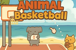 Słoń i kot grają w koszykówkę na plaży z tekstem Animal Basketball na górze