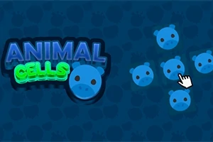 Niebieskie tło z kolorowymi napisami ANIMAL CELLS oraz niebieskimi okrągłymi kształtami przypominającymi świnki i wskaźnikiem myszy