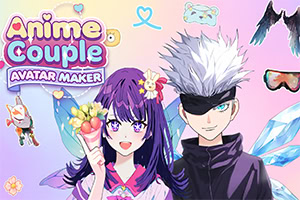 Kolorowy baner z napisem „Anime Couple Avatar Maker oraz parą postaci w stylu anime: uśmiechniętą dziewczyną z fioletowymi włosami trzymającą bukiet i mężczyzną o białych włosach w czarnej opasce na oczach, na tle gór i pastelowych ikon