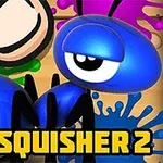 Duży niebieski mrówka na tle kolorowych plam z napisem ANT SQUISHER 2