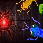 Żółty i niebieski animowany mrówka na ciemnym tle z czerwonym oświetlonym punktem po lewej stronie oraz zielony napis ANTS w prawym górnym rogu